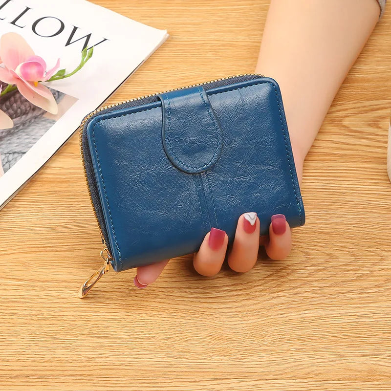 Portefeuille Femme Cuir Bifold Court Rose - Wallet Porte-Cartes Zipper Coin Pouch