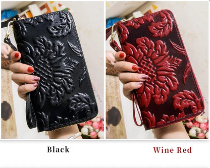 Portefeuille Femme Cuir Véritable Vintage Floral - Grande Capacité Clutch Pochette en Cuir de Vache