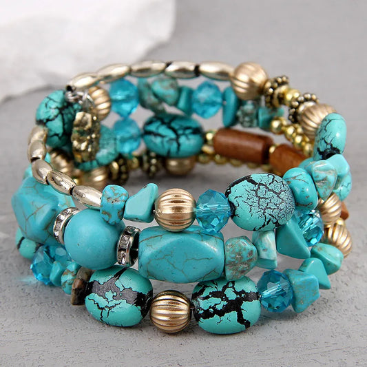 Bracelet Multi-Rangs Bohème Turquoise - Création Artisanale Vintage