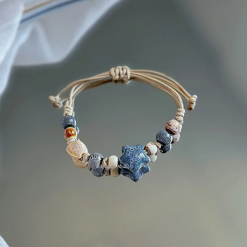 Bracelet Perles Céramique Jingdezhen Étoile Ethnique Rétro – Charm Corde Amitié Femme