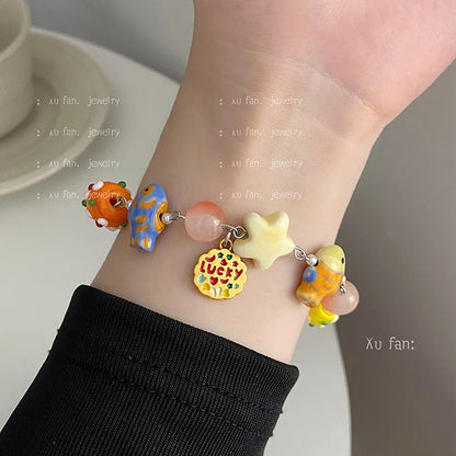 Bracelet Perles Chat Noir Cartoon Cœur Étoiles Strass – Charm Mignon Tendance Femme