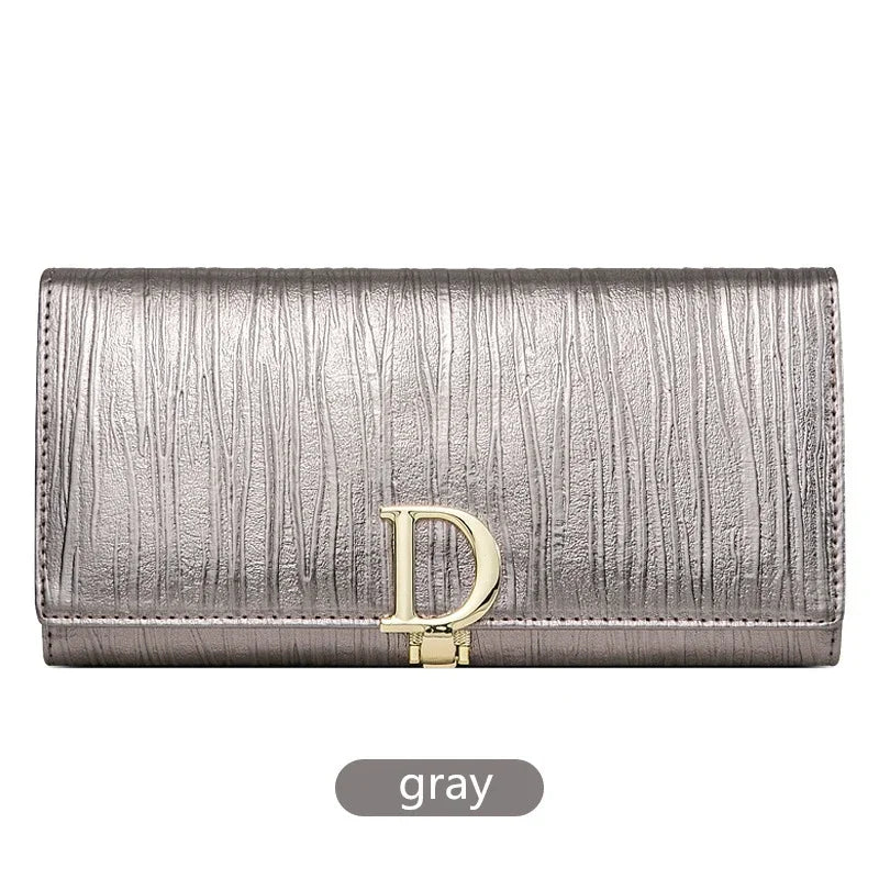 Portefeuille Long Femme Cuir Véritable Luxe - Porte-Cartes Téléphone Rayures Élégant