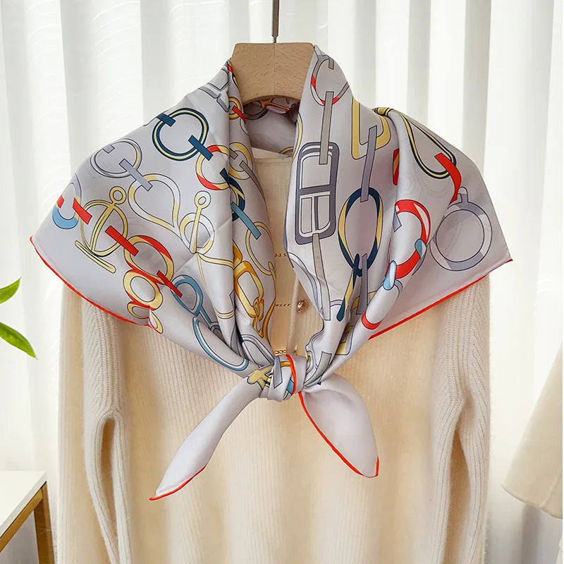 Foulard Carré Soie 100% Pure 90cm Neckerchief Femme - Châle Bandana Luxe Gris Élégant