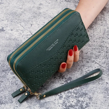 Portefeuille Femme Cuir PU Pompon - Porte-Monnaie Double Fermeture Éclair