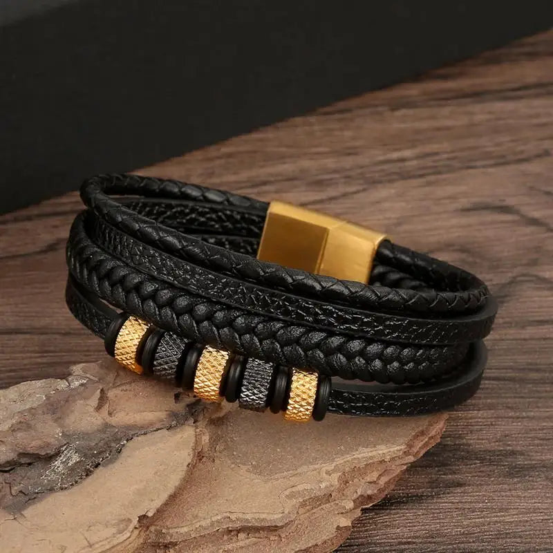 Bracelet Cuir Tressé Multicouche Punk – Boucle Magnétique Croix Homme