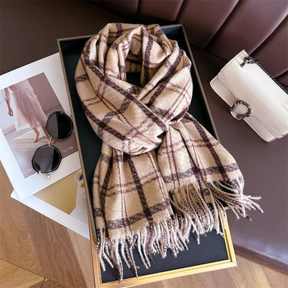 Women's Cashmere Scarf - Warm Checkered Shawl for Winter