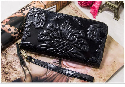 Portefeuille Femme Cuir Véritable Vintage Floral - Grande Capacité Clutch Pochette en Cuir de Vache