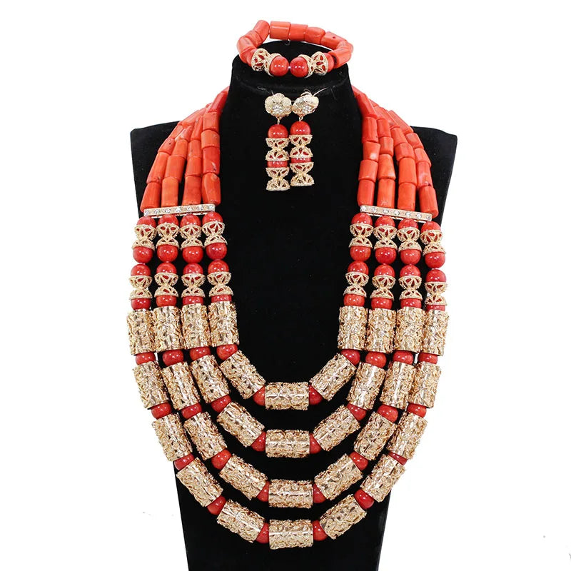 Parure Luxe Corail Nigérian 4 Couches – Ensemble Mariée Statement