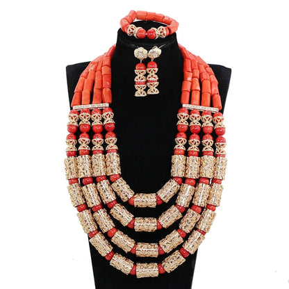 Parure Luxe Corail Nigérian 4 Couches – Ensemble Mariée Statement