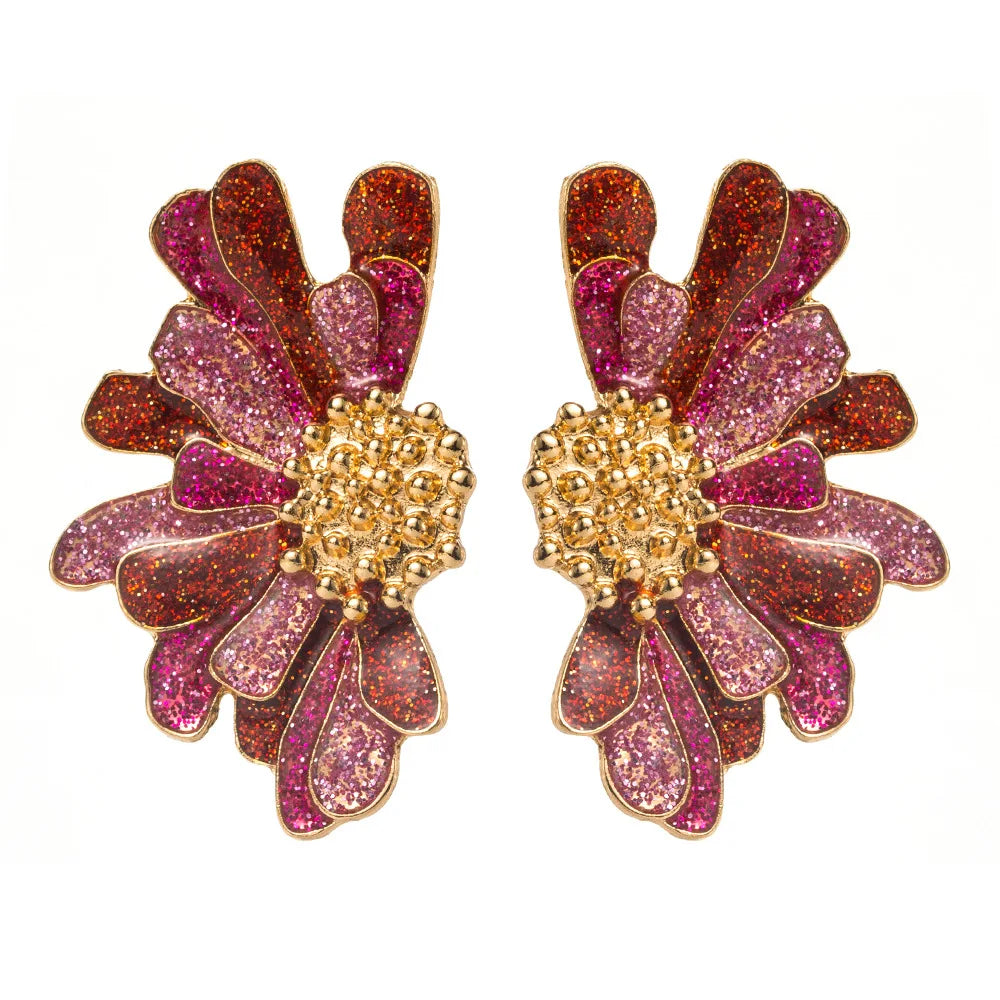 Boucles d'Oreilles Puces Fleur Arc-en-Ciel Bohème Statement – Peinture Métal Vacances Femme