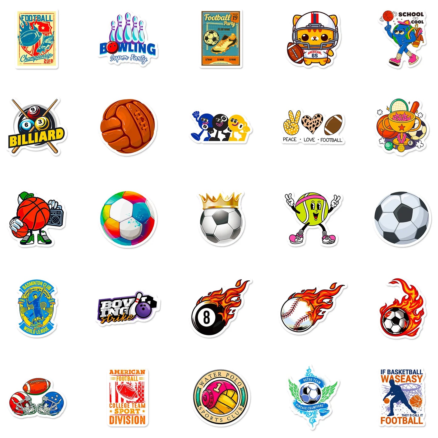 Autocollants Sports 50 Pièces - Soccer Basketball Volleyball Golf