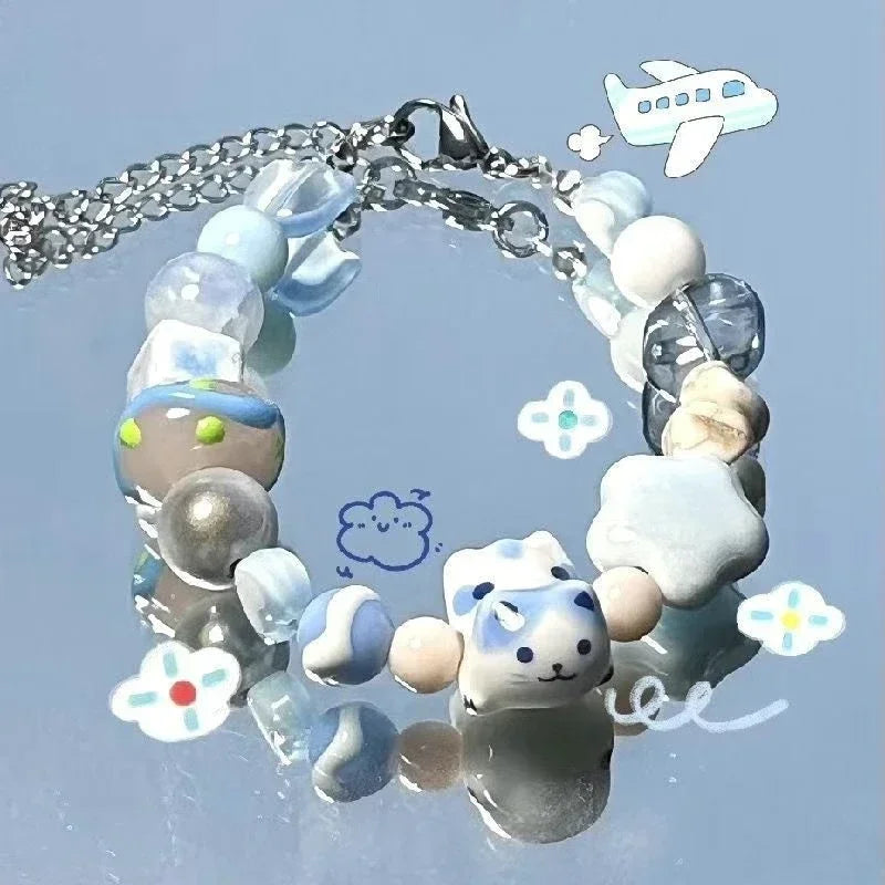 Bracelet Perles Chat Noir Cartoon Cœur Étoiles Strass – Charm Mignon Tendance Femme