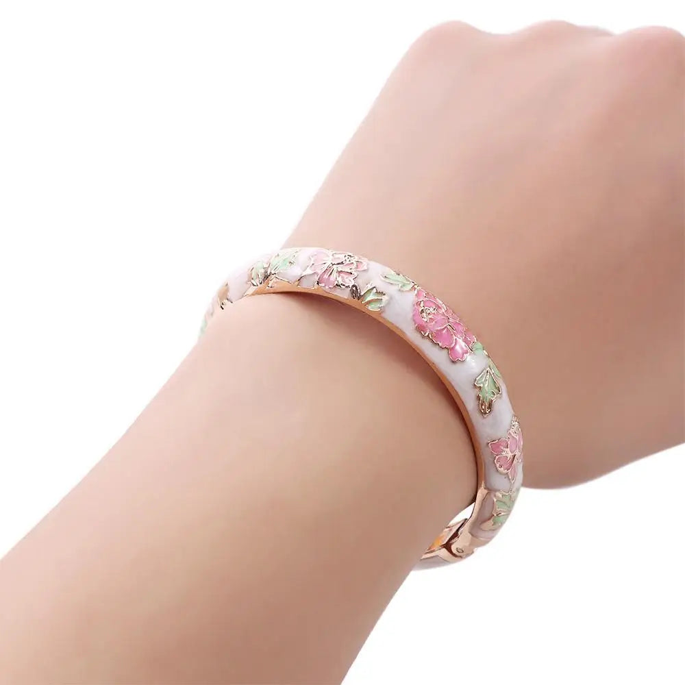 Bracelet Jonc Cloisonné Émaillé Pivoine – Artisanat Ethnique Classique