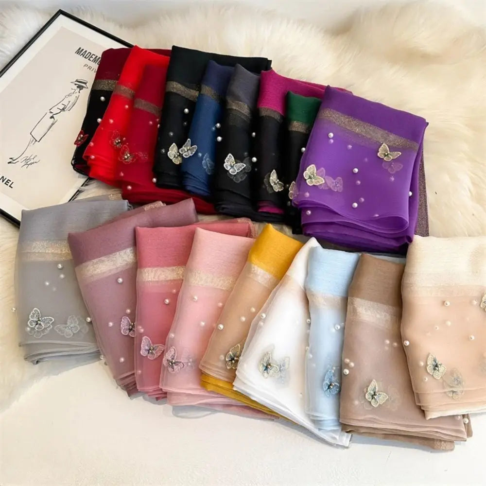 Foulard Soie Broderie Papillon Femme - Écharpe Châle Hijab Luxe Léger Élégant
