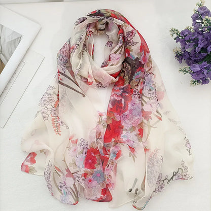 Foulard Écharpe Mousseline Georgette Femme Fleur Prune - Bandana Été Léger Respirant
