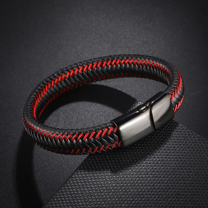 Bracelet en Cuir Tressé Noir et Rouge pour Homme - Fermoir Magnétique