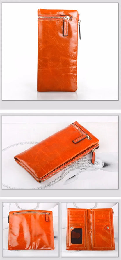 Portefeuille Femme Cuir Véritable Long - Porte-Monnaie Luxe Huile Végétale Casual
