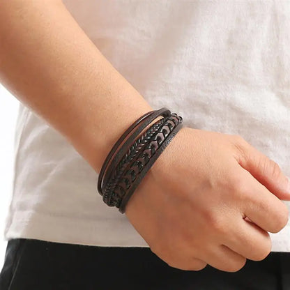 Bracelet Cuir Tressé Multicouche Punk – Boucle Magnétique Croix Homme