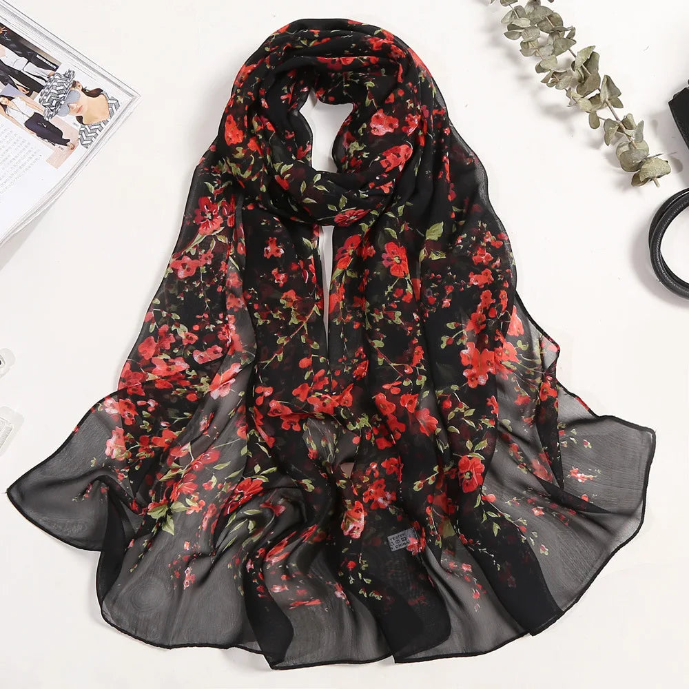 Foulard Écharpe Mousseline Fleur Prunier Femme - Bandana Châle Été Protection Solaire Plage