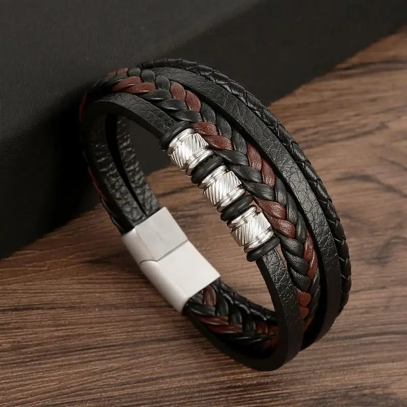 Bracelet en Cuir Tissé Main Multi-Couches pour Homme - Combinaison Classique Punk