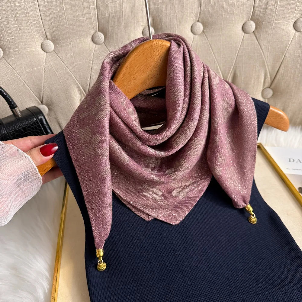 Women's 70cm Square Scarf with Magnetic Buckle - Premium Autumn/Winter Silk Triangle Scarf