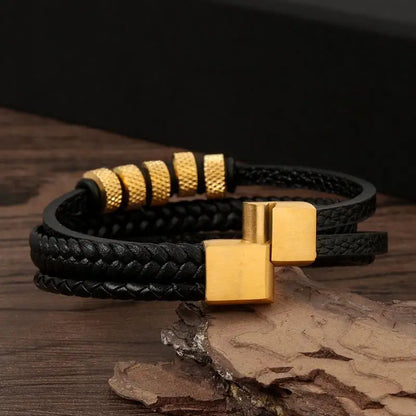 Bracelet Cuir Tressé Multicouche Punk – Boucle Magnétique Croix Homme