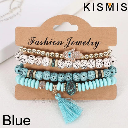 Set de 4 Bracelets Bohèmes Superposables - Œil Protecteur et Pompon