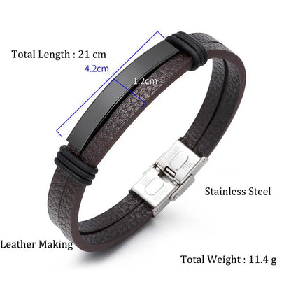 Bracelet Enroulé en Cuir pour Homme avec Charm en Acier Inoxydable