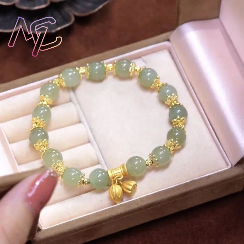 Bracelet Perles Jade Naturel Fleur Lotus – Bangle Pierre Gemme Vintage Classique Femme