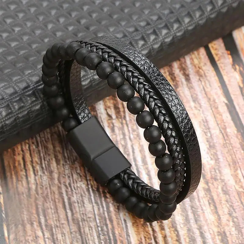 Bracelet Cuir Tressé Multicouche Punk – Boucle Magnétique Croix Homme