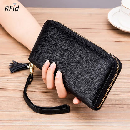 Portefeuille Femme Cuir Véritable RFID - Porte-Carte Zippé Multi-Compartiments avec Pompon