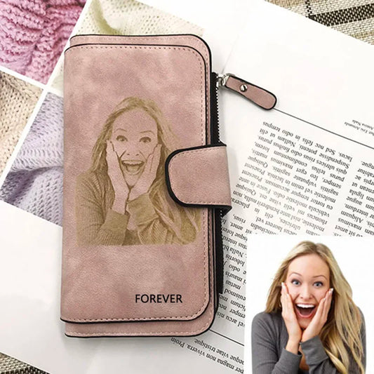 Women's Leather Wallet with Customizable Photo Engraving - Personalized Coin Purse, Mother's Day Gift