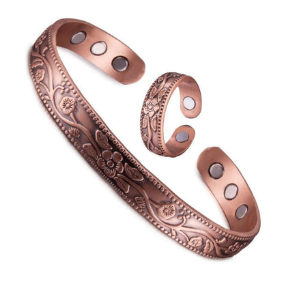 Set Bague & Bracelet Manchette Cuivre Magnétique Fleur – Ultra-Léger Unisexe Ajustable