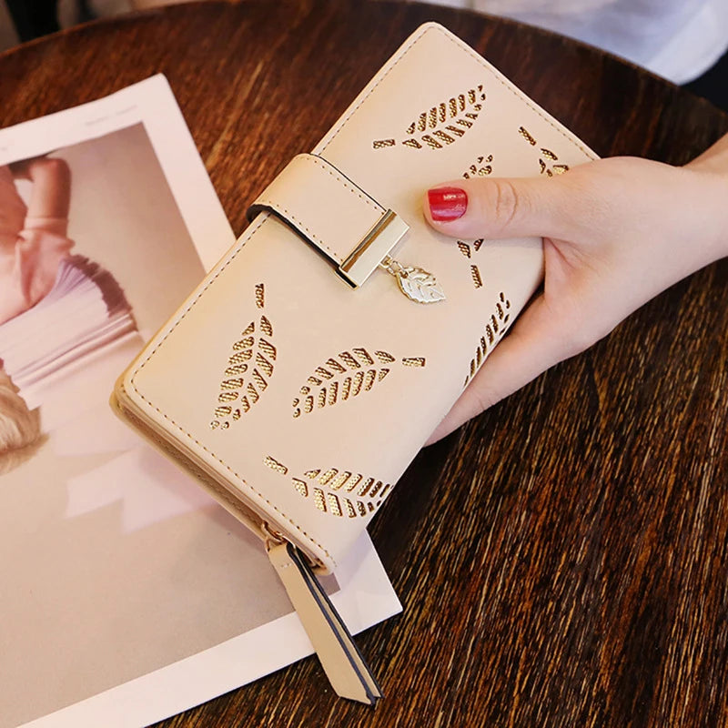 Portefeuille Long Femme Cuir PU Feuilles Dorées - Clutch Porte-Cartes Monnaie Élégant