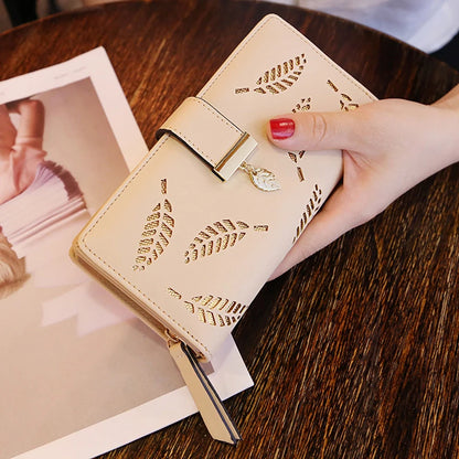 Portefeuille Long Femme Cuir PU Feuilles Dorées - Clutch Porte-Cartes Monnaie Élégant
