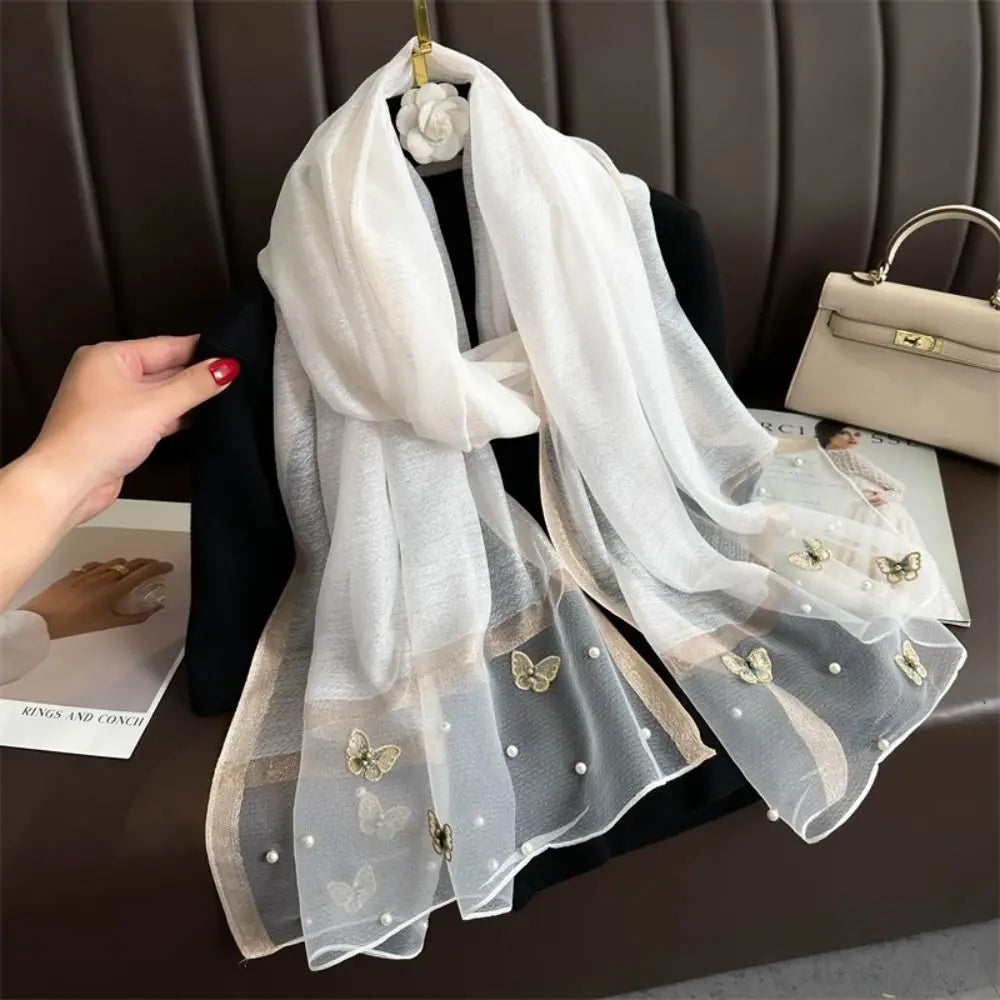 Foulard Soie Broderie Papillon Femme - Écharpe Châle Hijab Luxe Léger Élégant