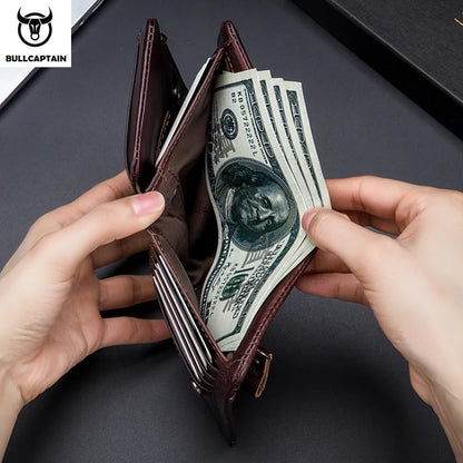 Portefeuille Homme Cuir BULLCAPTAIN Tri-Fold RFID - Porte-Monnaie Cartes Zipper