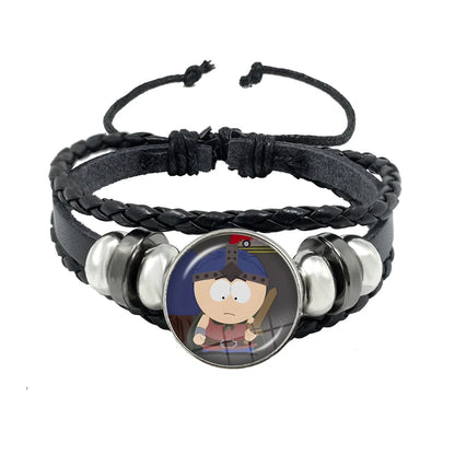 Bracelet South Park Cabochon Verre – Cuir Multicouche Tressé Fait Main Unisexe