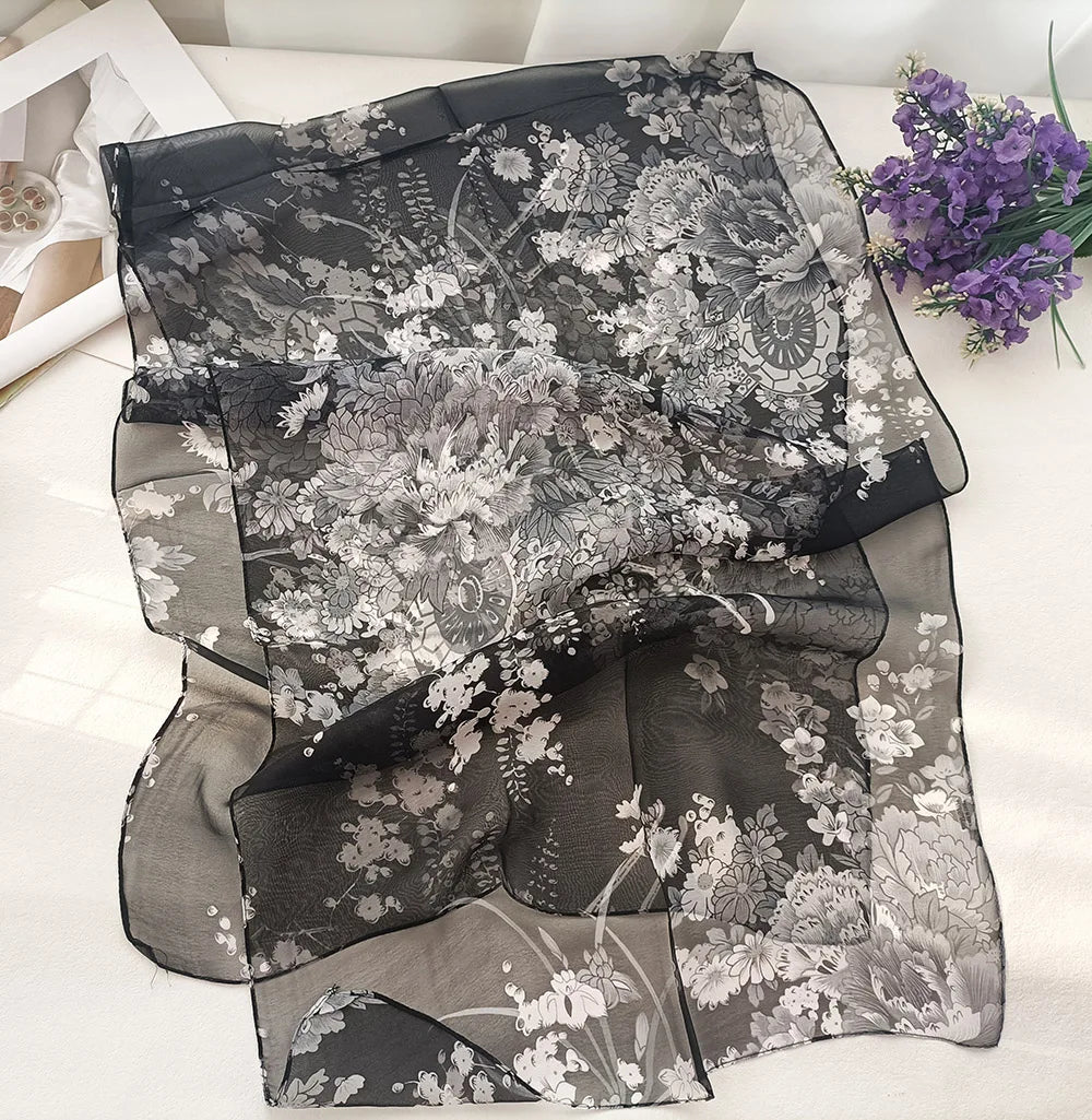 Foulard Écharpe Mousseline Georgette Femme Fleur Prune - Bandana Été Léger Respirant