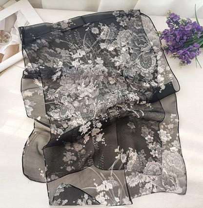 Foulard Écharpe Mousseline Georgette Femme Fleur Prune - Bandana Été Léger Respirant