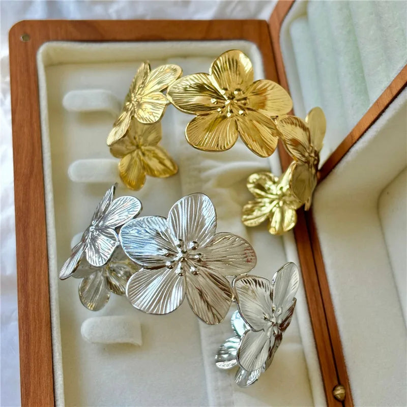 Bracelet Bangle Fleur Bohème Acier Inoxydable Large – Manchette Florale Chunky Couples Femme