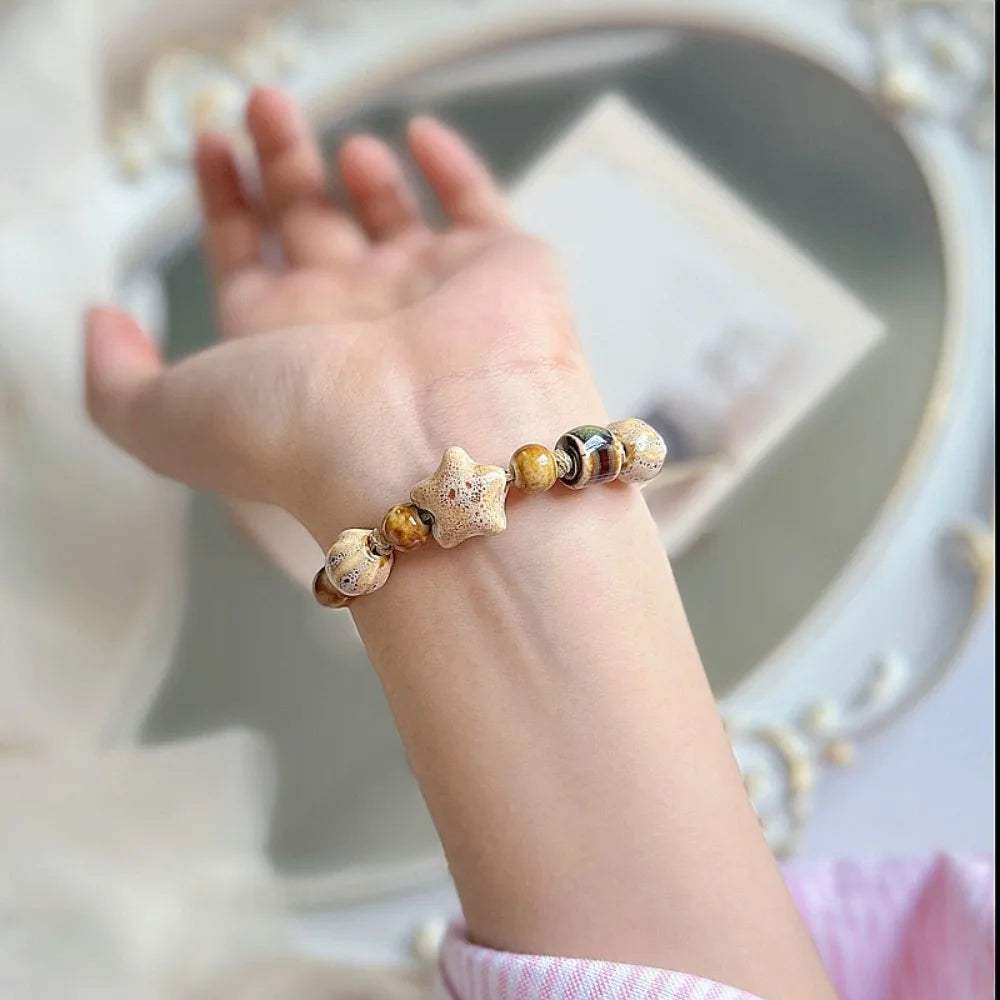 Bracelet Perles Céramique Jingdezhen Étoile Ethnique Rétro – Charm Corde Amitié Femme