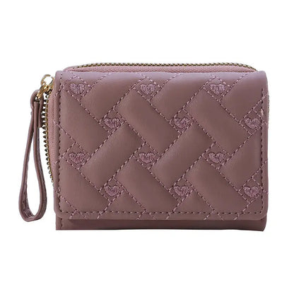 Portefeuille Femme Court Trifold Cuir PU Broderie Amour - Porte-Carte Multi-Poches Fashion Minimaliste Noir