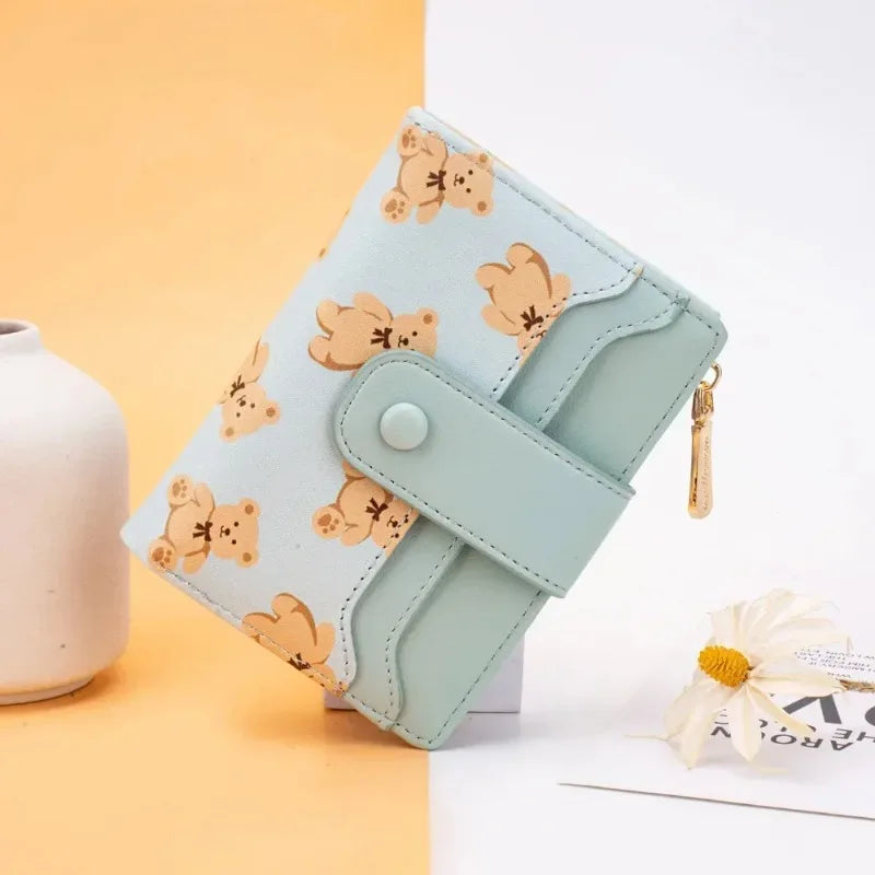 Portefeuille Femme Court Ourson Mignon - Bifold Cuir PU Porte-Cartes Zipper Bleu