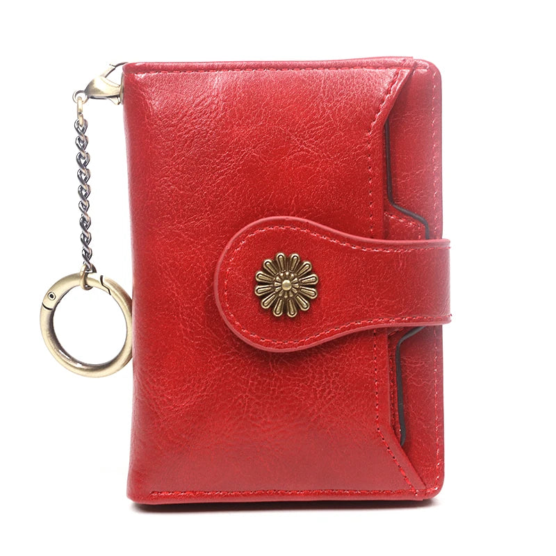 Portefeuille Femme Cuir Rétro Rouge - Porte-Monnaie Court Bifold avec Porte-Cartes Détachable