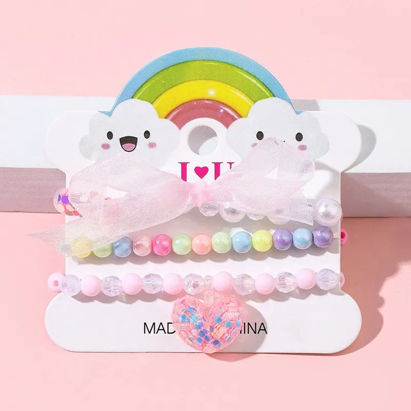 Ensemble 3 Bracelets Perles Cartoon Mignons Enfants – Princesse Licorne Fruits Chat Filles