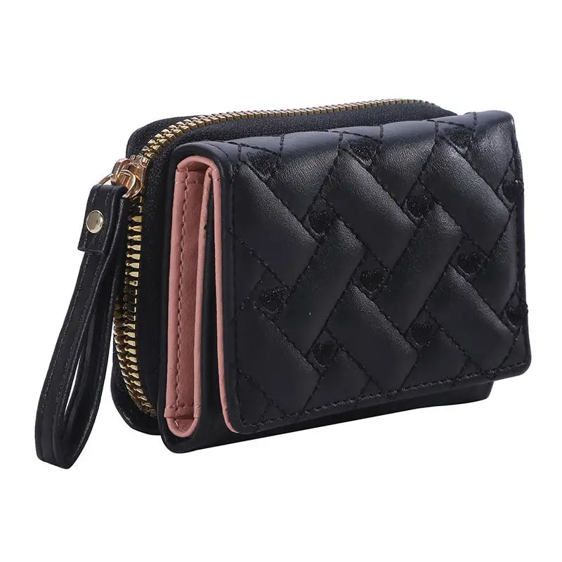 Porte-Monnaie Femme Cœur Brodé Cuir PU - Petit Portefeuille Trifold avec Lanière