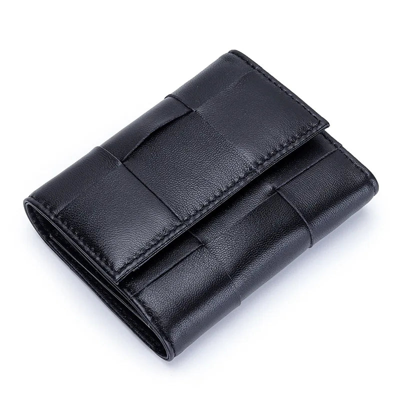 Portefeuille Femme Court Cuir Véritable Peau Mouton Tressé - Porte-Monnaie Trifold Zippé Grande Capacité Noir