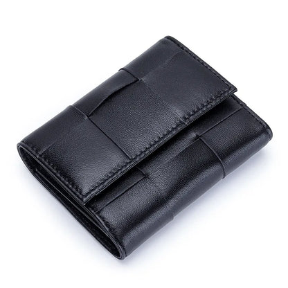 Portefeuille Femme Court Cuir Véritable Peau Mouton Tressé - Porte-Monnaie Trifold Zippé Grande Capacité Noir
