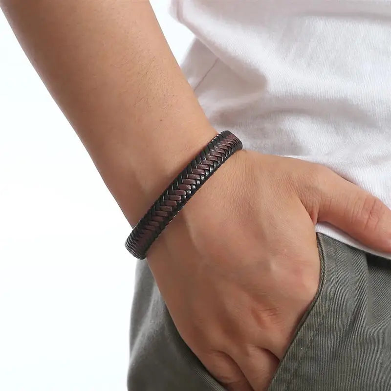 Bracelet Cuir Tressé Main Homme – Boucle Magnétique Classique Cadeau Couple